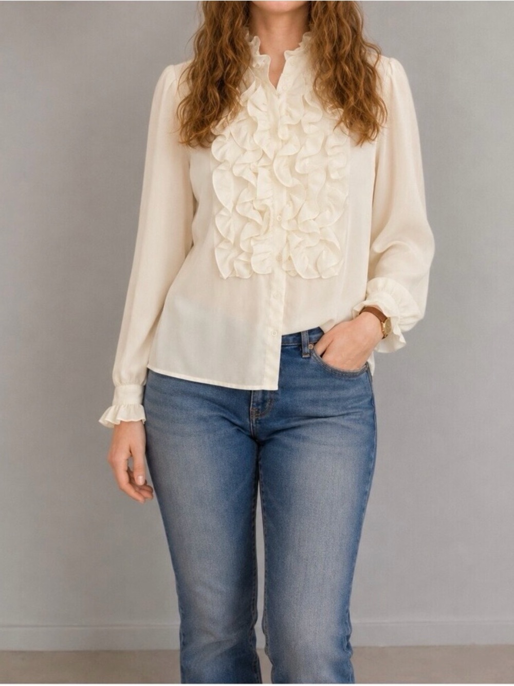 Lloyd Williams Vintage Ivory Ruffle Blouse Womens 8 Medium